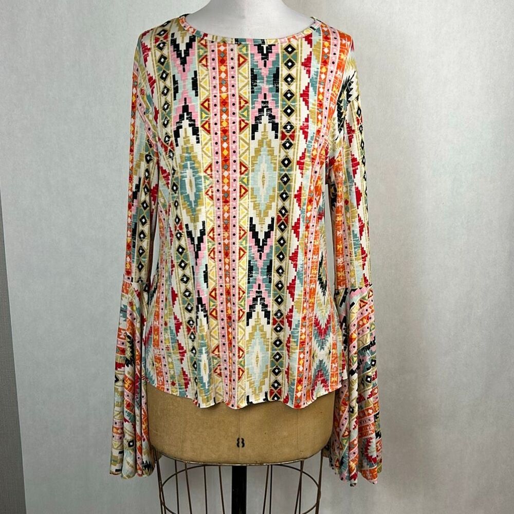 L&B Aztec Print Shirt Blouse Flare Bell Sleeve Sz Medium Geometic Multicolor